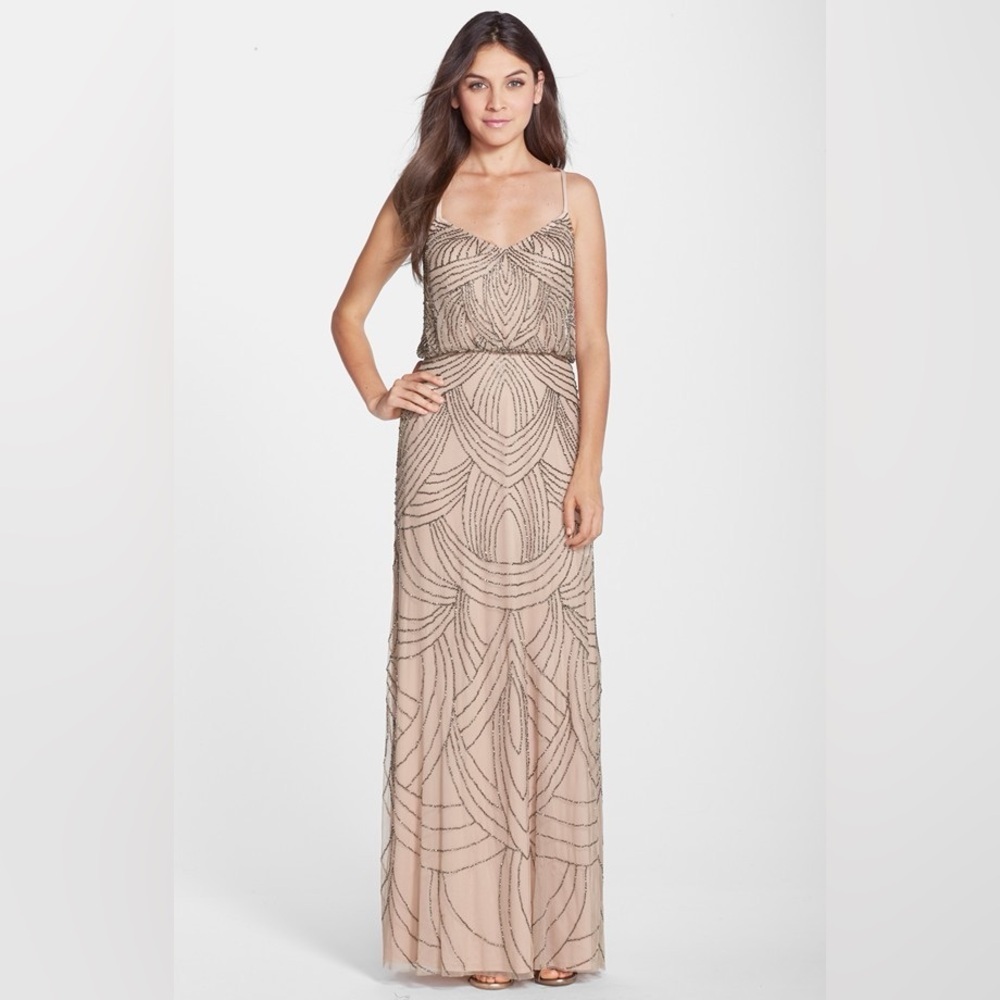 Adrianna Papell Beaded Mesh Blouson Dress Sz 6 Taupe pink formal maxi Gown - Picture 3 of 8